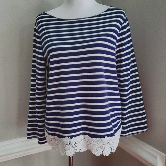 GAP Dark Blue & White Striped Scoop Neck Lightweight Sweatshirt with Lace Trim - Picture 1 of 8